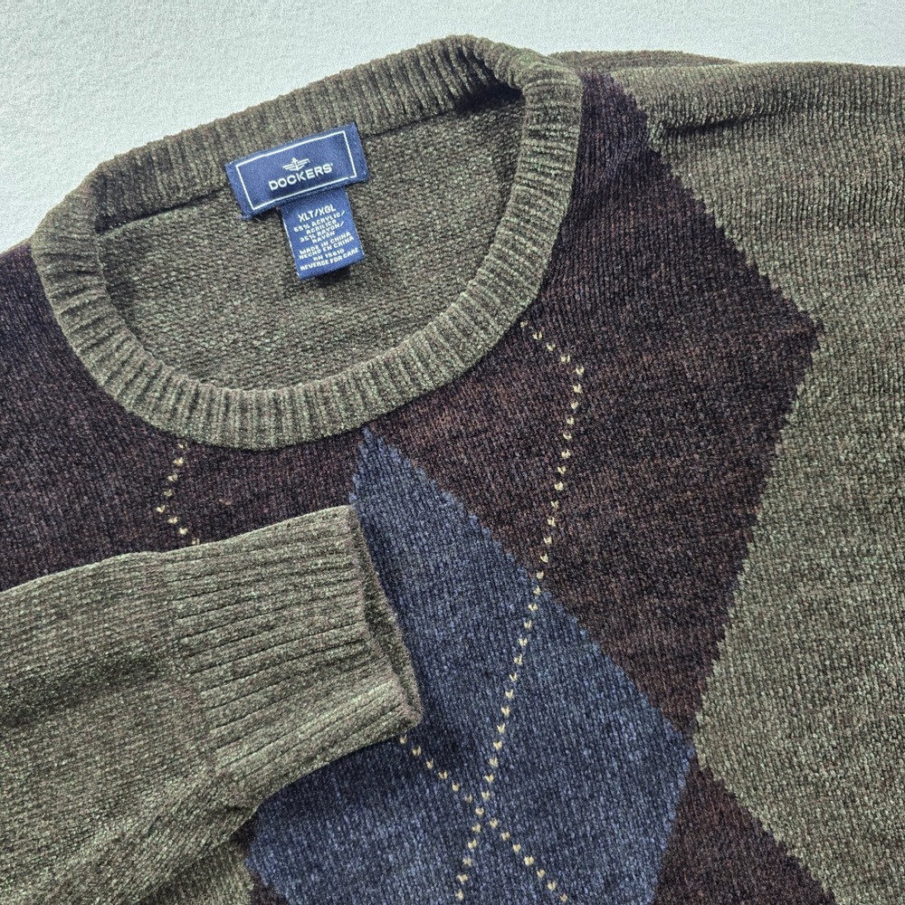 Dockers Mens XLT Olive Argyle Crewneck Sweater Chenille Knit Tall